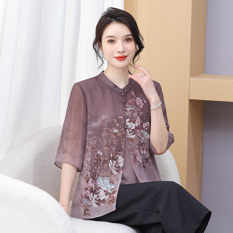 2024 Summer New Grandma's Chiffon Fake Two-piece National Style T-shirt Shirt Middle-aged and Elderly Mother's Slim Top