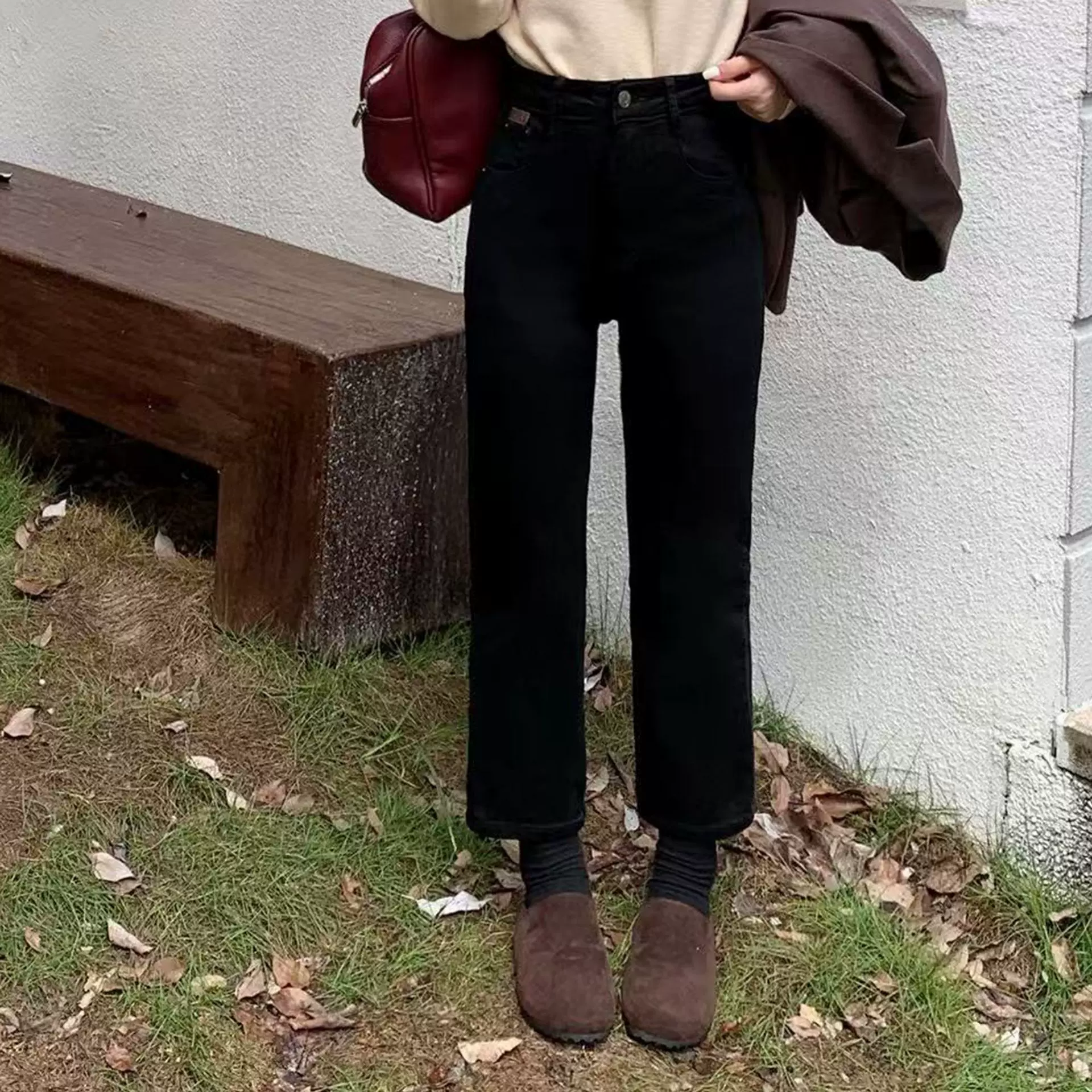 25秋冬新款休闲百搭黑色烟管裤高腰九分加厚加绒牛仔裤女裤22695