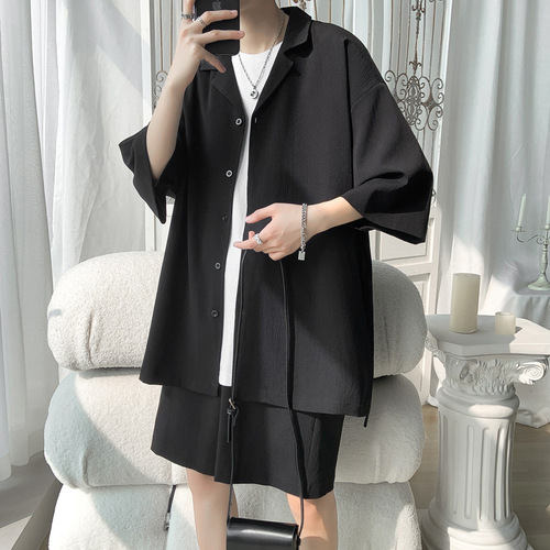 Elastic Shirt Set for Men - Summer Trend Brand Casual Sport Short Sleeve Short Pants Loose Fashion Cooler Two-Piece Set