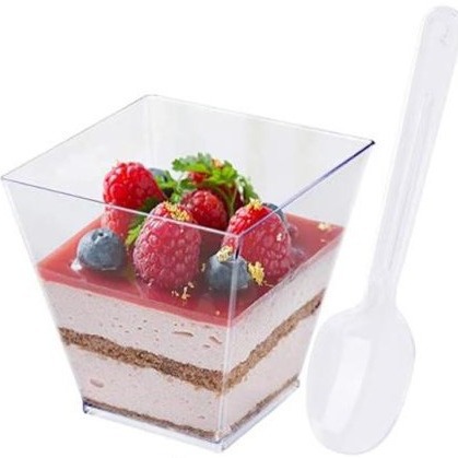 120ml 4OZPS Copa de postres de plástico Copa de mousse Copa de salvado de madera Copa de pudín Tiramisú Copa de moldeo por inyección más cuchara