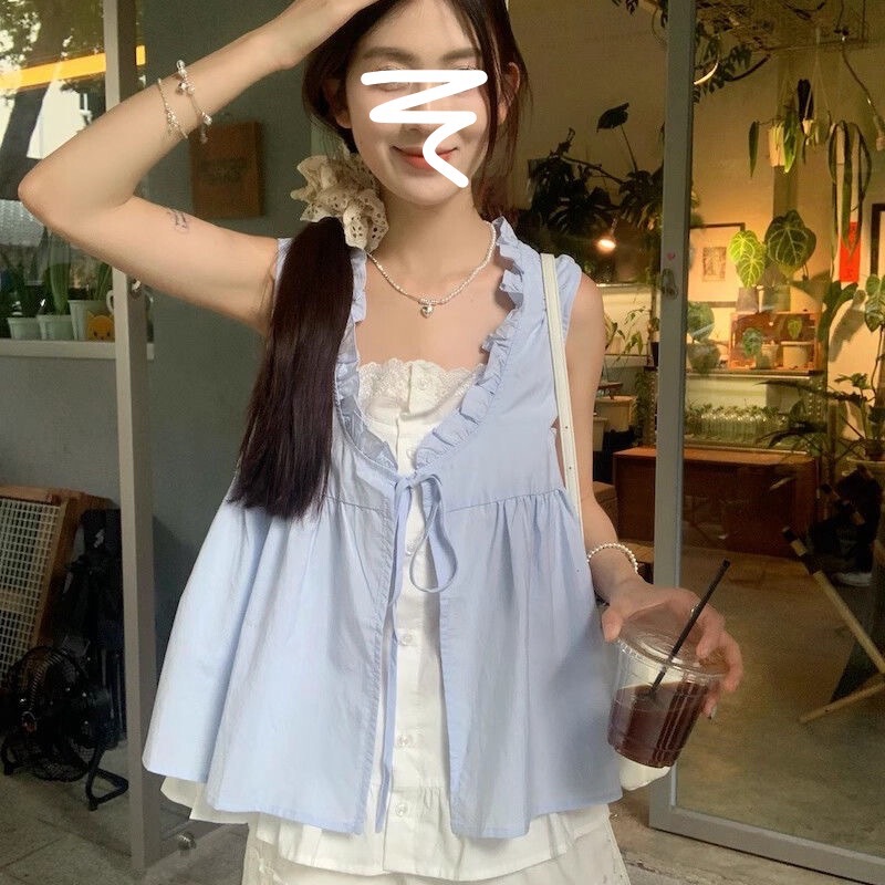 New Arrival Ear Edge Lace Sleeveless Vest Shirt Women's Design Sense Sweet Loose Doll Shirt Fake Two-piece Top Summer