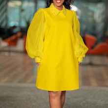 D371欧美女装跨境2023新款时尚网纱袖钉珠气质非洲大码外贸连衣裙