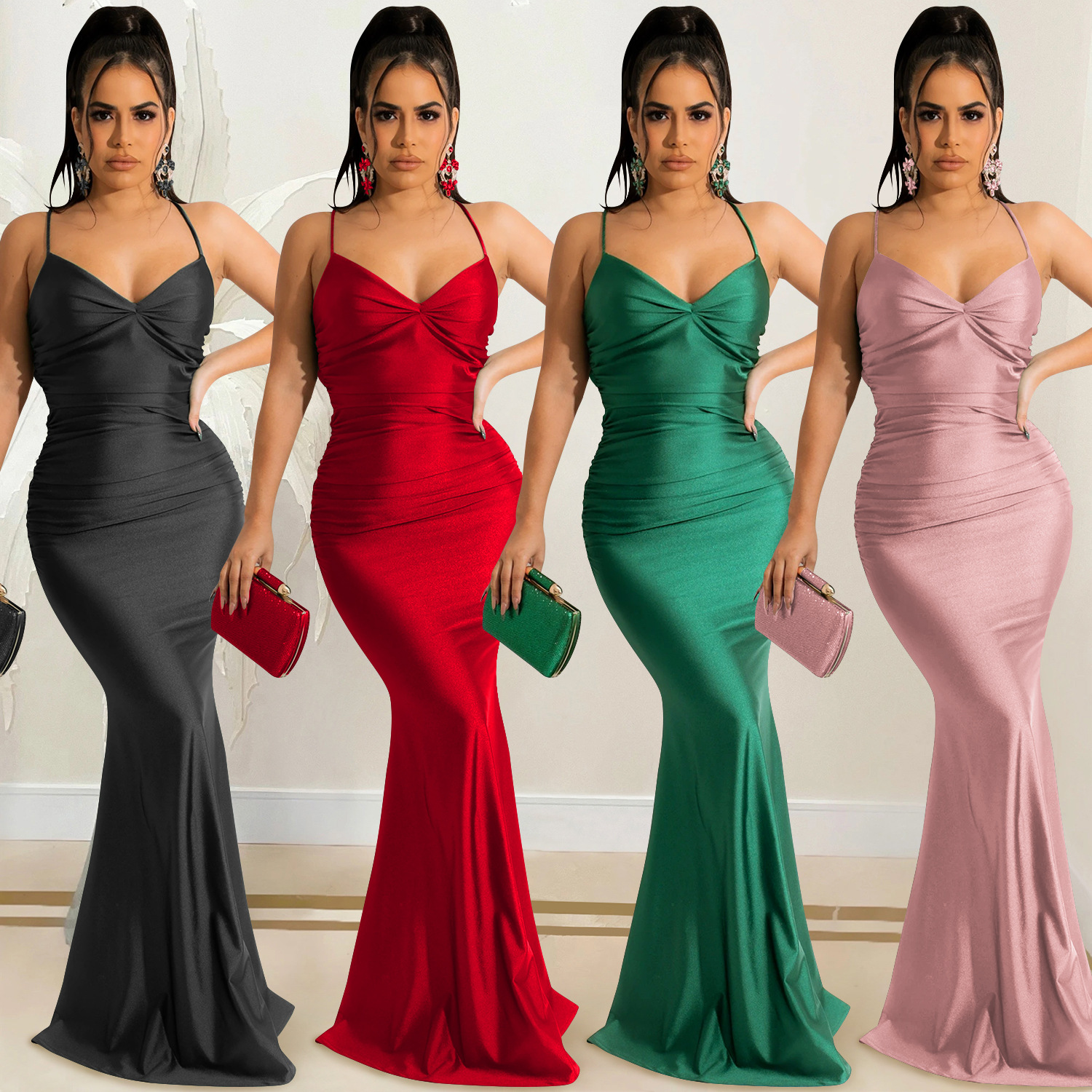 Pleated Solid Color Sling Wrap Chest Backless Lace-Up Prom Dress NSXYZ113785