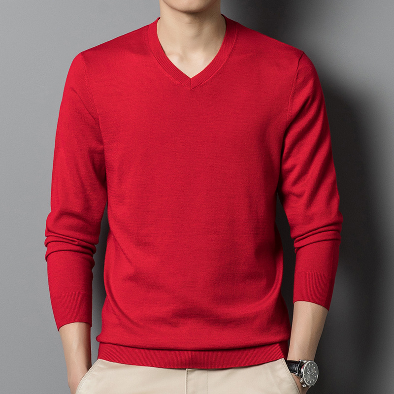 Men's wool pure color NET Version New top fashion casual V-neck sweater inner pullover knitted bottoming shirt