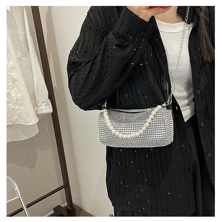 Borsa a tracolla Boston a mano con catena occidentale alla moda, nuova primavera/estate, con diamante lucido e perla sotto le ascelle_voghion.com