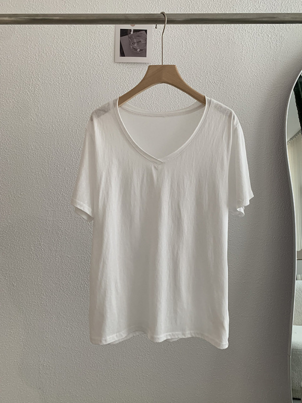 Omalai リラックススノーフレークテクスチャカールVネック半袖ルーズTシャツトップスルーズスリミング無地4103|undefined