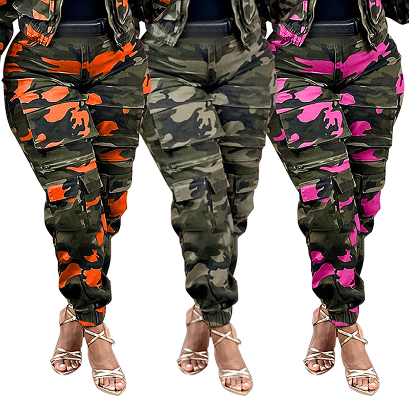 S8025 European and American Cross-Border Independent Station 2025 Autum New Fashion High-Waist Elastic Small-Foot Camouflage Cargo Pants