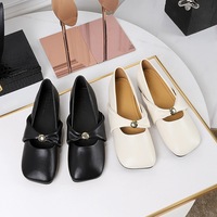 668 French style pleated square toe shallow mouth flat sole single shoes for women with metal buckle and straight strap, not tiring, height increasing shoes inside the feet