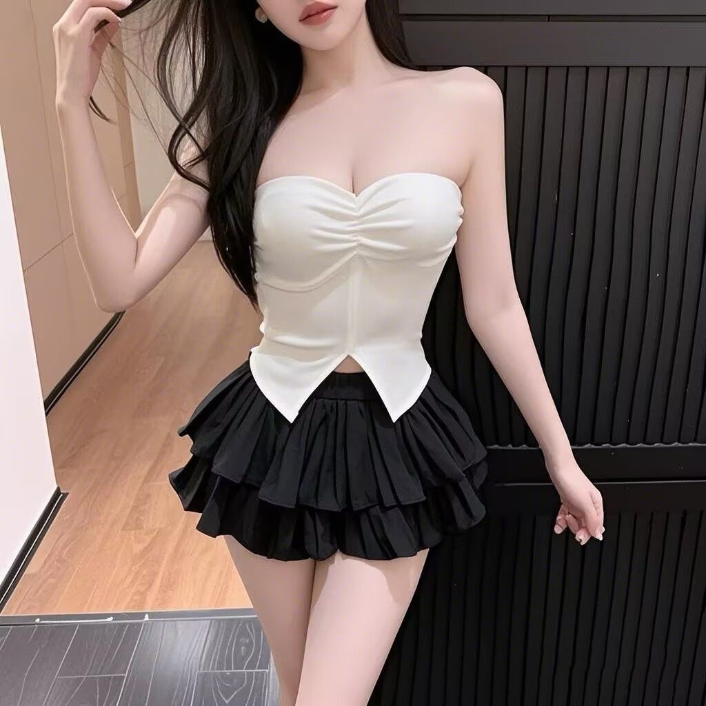 Set váy xếp ly ngắn nữ phối áo yếm có đệm ngực phong cách tiểu thư — Áo ngực đỏ (nguyên bản có đệm ngực), Trắng Spacer+Váy Set, Đen Spacer+Váy Set, Màu đỏ Spacer+váy Set chi tiết 12