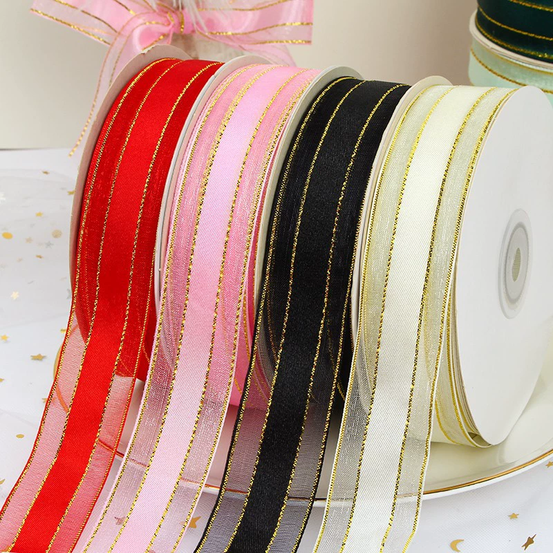 Однотонная лента из органзы с золотой каймой для упаковки цветов с бантом, декоративная лента для букетов на день рождения, для рукоделия