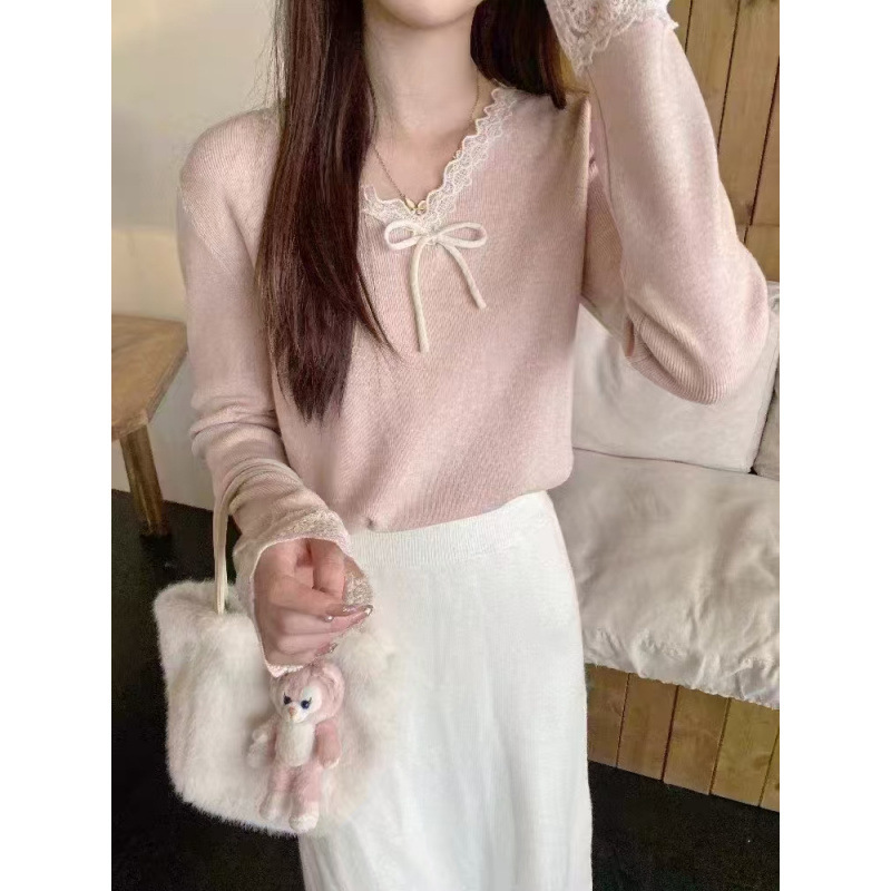 Bow French V-Neck Long-Sleeved Andy Velvet Knitwear with Niche Design, High-End and Super Good-Looking Knitwear