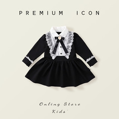 Girls Black Hepburn Style Long Sleeve Retro Dress 2025 Autumn New Children's Lace Bow Princess Dress