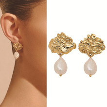 個性熔岩珍珠耳墜耳環歐美高品質復古耳釘褶皺小眾不規則鍍金飾品