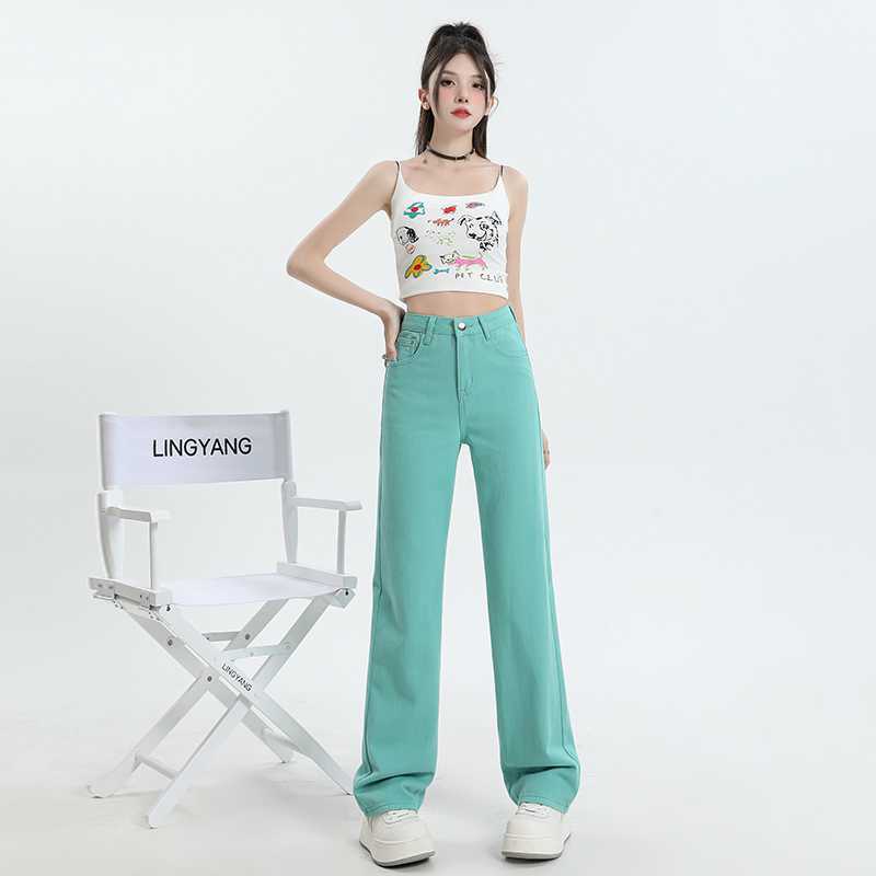 Lake Green Slim-Fit High-Waisted Straight-Leg Jeans for Women, Slimming Loose Design Wide-Leg Long Pants Wholesale
