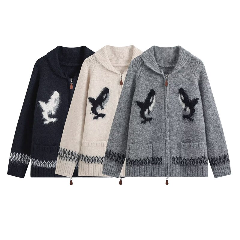 ZA Foreign Trade Wholesale European and American Style Women's Clothing Fashionable Versatile Loose Double-Zipper Shark Jacquard Cardigan Jacket