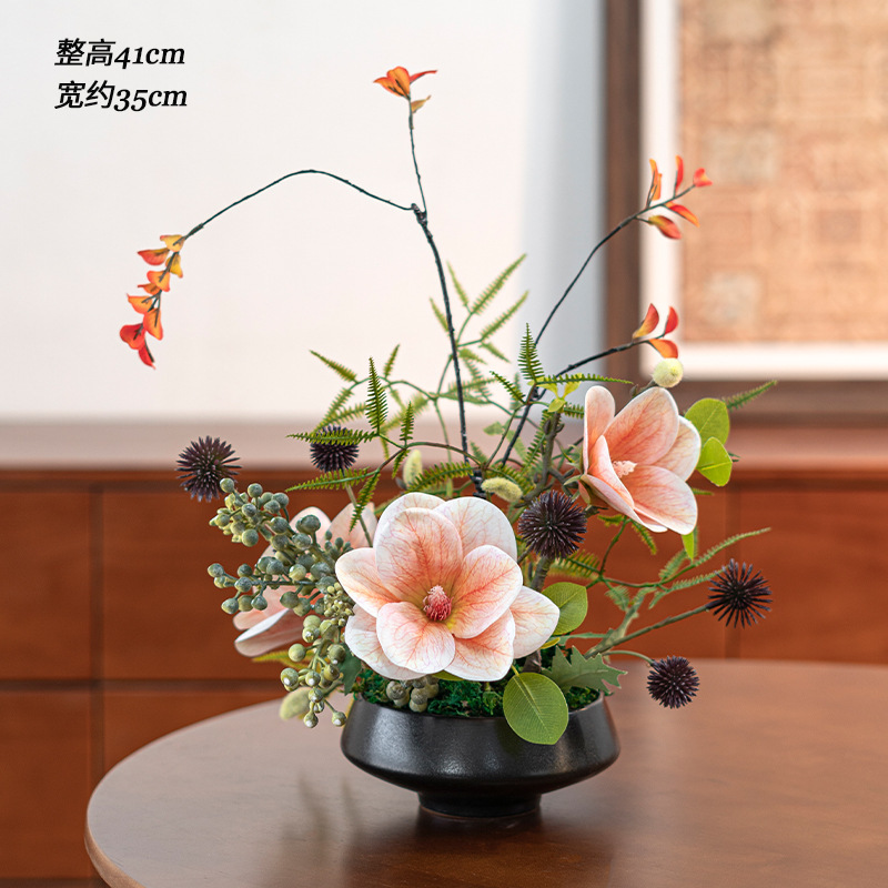 新しい中国風の造花、リビングルームの装飾フラワーアレンジメント、禅スタイルのバイオニック苔グリーン植物鉢植え装飾品|undefined
