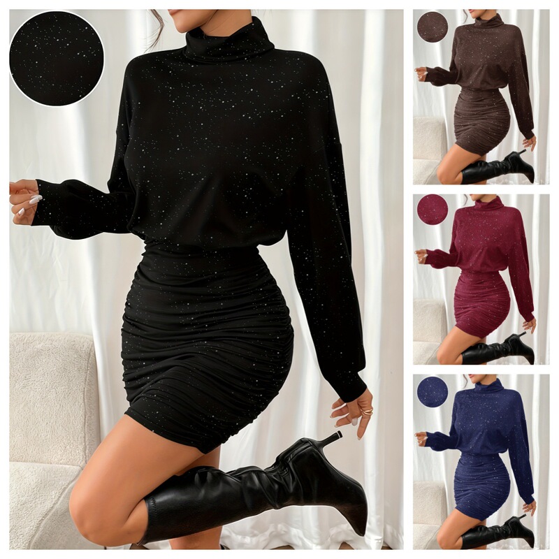 Aliexpress Cross-Border New Women's Elegant Lantern Sleeve Pleated Gold Trim Slim Mini Dress, in Stock