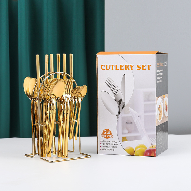 Amazon transfronteriza de 24 piezas de acero inoxidable occidental vajilla traje 1010 cuchillo, tenedor y cuchara de oro natural de almacenamiento en rack caja de regalo