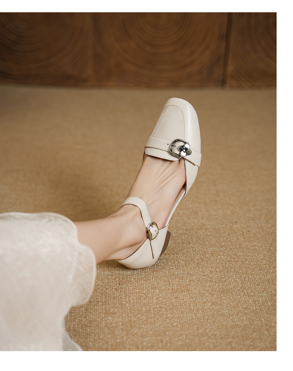 Sandal nữ gót thấp 3,5 cm đầu vuông quai ngang có khóa, phong cách thanh lịch — màu trắng ngà chi tiết 7
