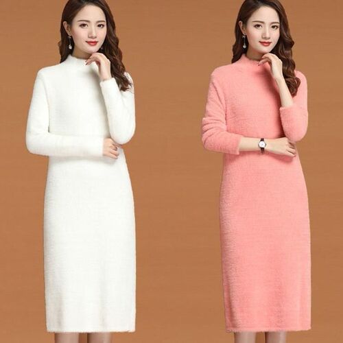 Autumn and winter new arrival: semi-high-neck faux mink velvet elegant dress—plush mid-length bottoming shirt, trendy and stylish.