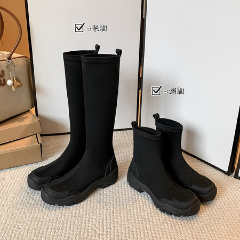 巨显瘦~2025新款运动厚底弹力瘦瘦靴高筒袜子靴百搭黑色长筒靴女|undefined