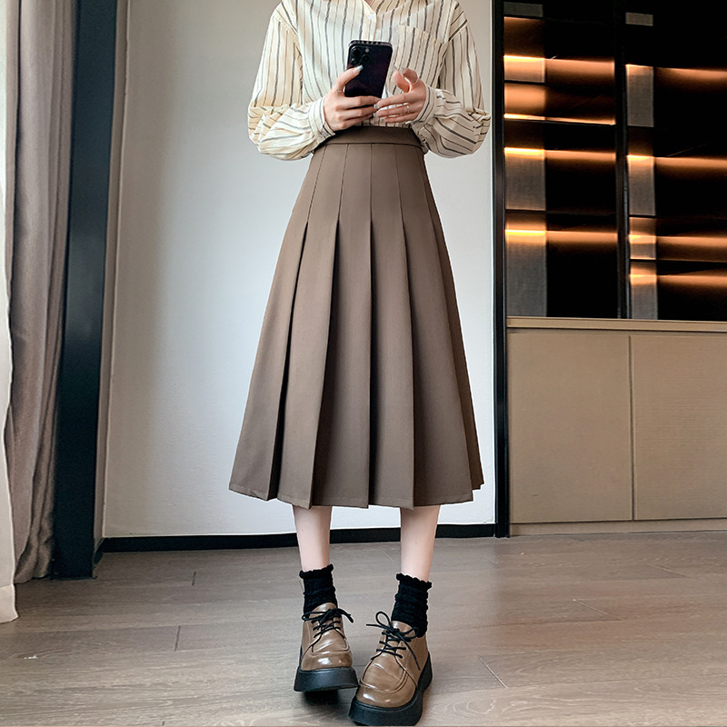 Women's Retro Khaki Skirt Spring Autumn Winter New Elegant Loose High Waist French A- Line Mid-Length Pleated Skirt
