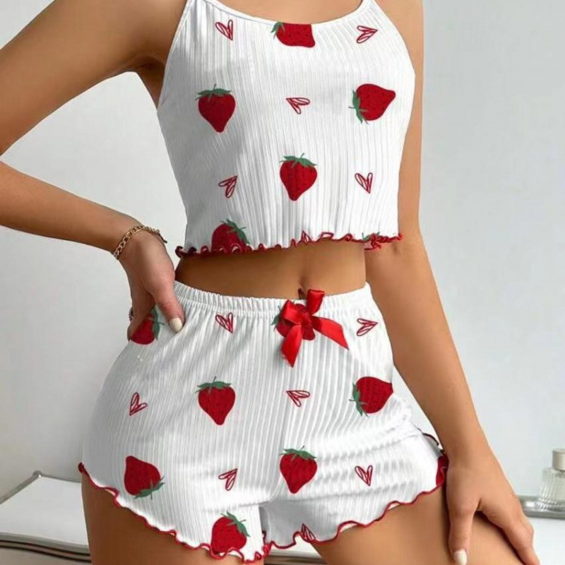 ChicShe European And American Cross-Border Trade Women's Pajamas Ribbed Heart Sexy Camisole Printed Tank Top Shorts Homewear_voghion.com