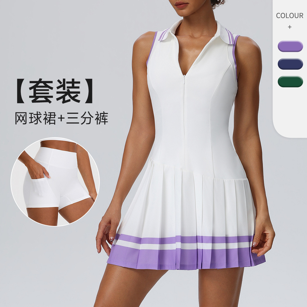 European and American Style Sleeveless Polo Collar One-Piece Tennis Skirt Set with Contrasting Color Pleated Fitness Dress 62120+62414