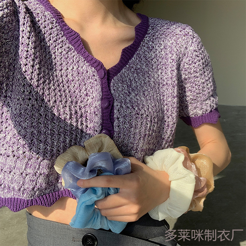 Ruffled Knit Short Top for Women 2025 Spring/Summer New Hollow Slim Thin Purple Short Sleeve Top