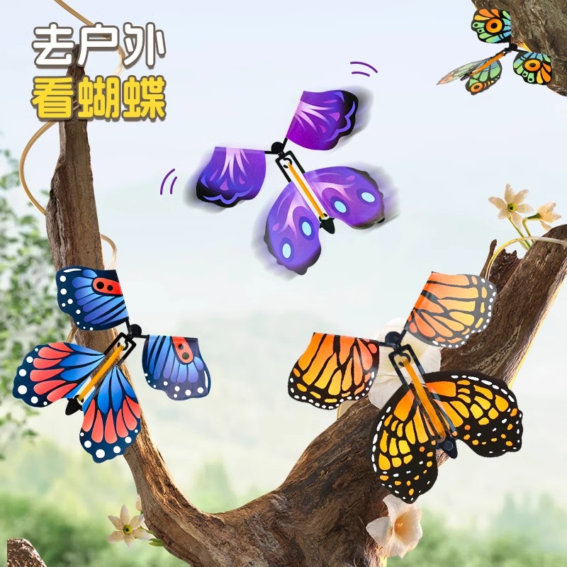Mariposa voladora nuevo juguete al aire libre para niños caja de regalo con spray de flores libélula de bambú para niños