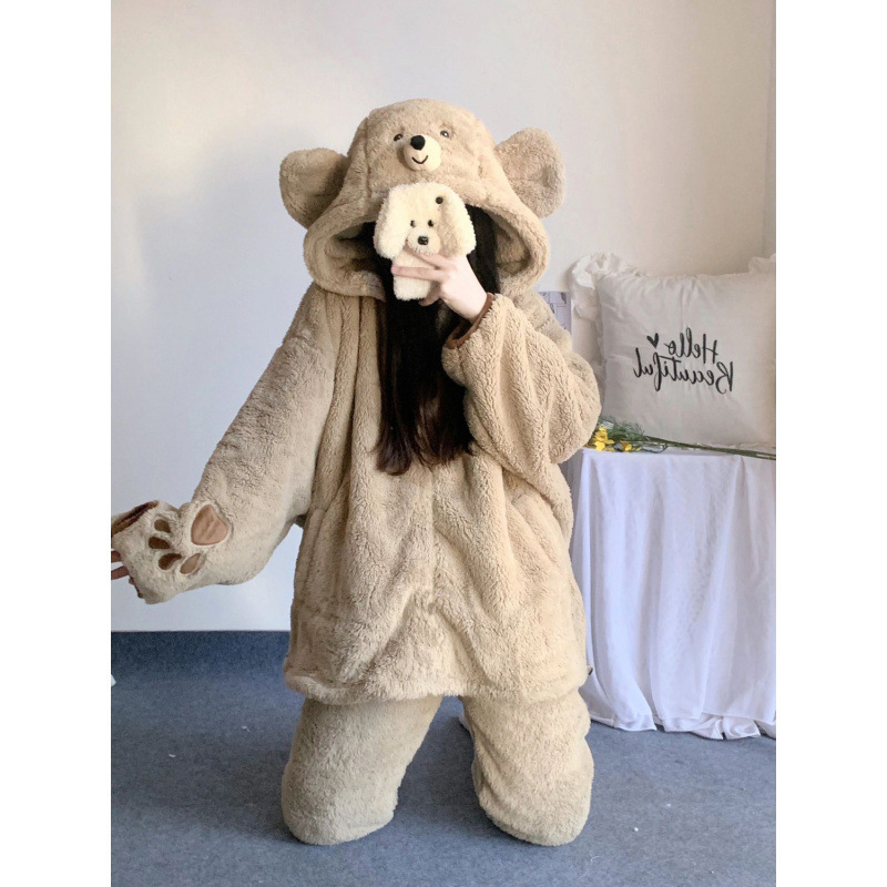귀여운 테디 베어 산호 양털 잠옷 여성 가을 겨울 인터넷 인기있는 후드 플란넬 기모 두꺼운 겨울 홈 옷