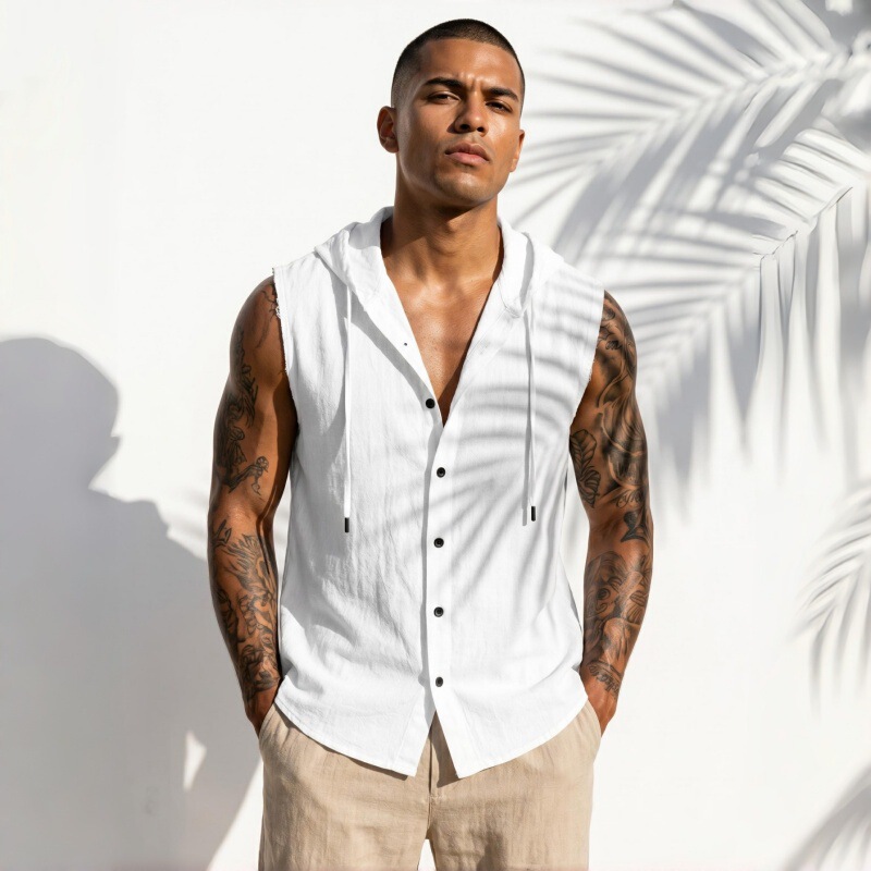 Cross-border men's linen hooded sleeveless vest, breathable button-up summer beach cotton-linen hooded shirt, one-piece drop shipping