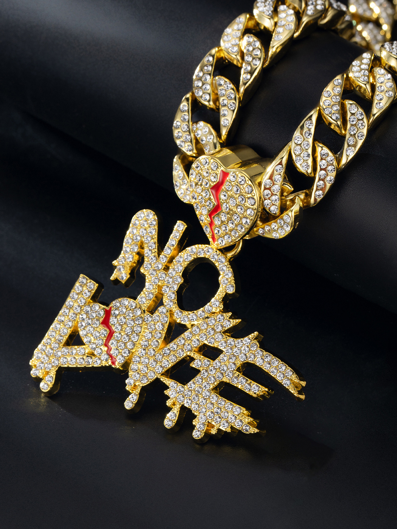 New full diamond Cuban chain splicing letter love pendant hip-hop street culture trendy men's necklace_voghion.com