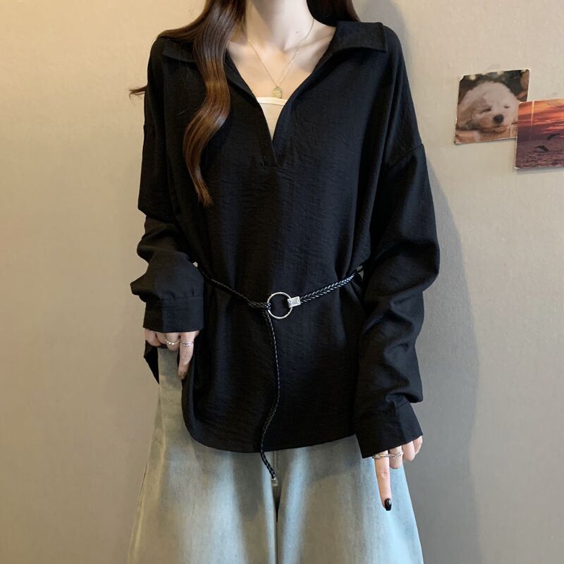 Plus Size Design V-Neck Right Shoulder Long-Sleeved Bottoming Shirt for Women Autum New Fat mm Loose Slimming Look Belly-Covering Top Plus Size Design V-Neck Right Shoulder Long-Sleeved Bottoming Shirt for Women Autum New Fat mm Loose Slimming Look Belly-Covering Top