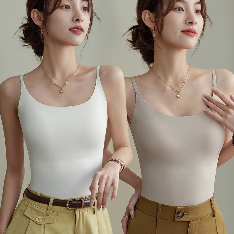 Women's Seamless Summer Ice Silk Camisole with Chest Pads, Suitable for Layering or Outerwear, Featuring a Beautiful Back Design, Breathable and Lightweight