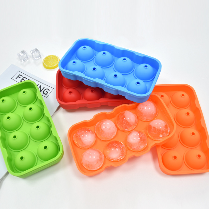 Amazon Venta caliente 8-pieza hielo hockey molde verano hogar comercial silicona 8-agujero ronda bandeja de hielo cubo de hielo congelado
