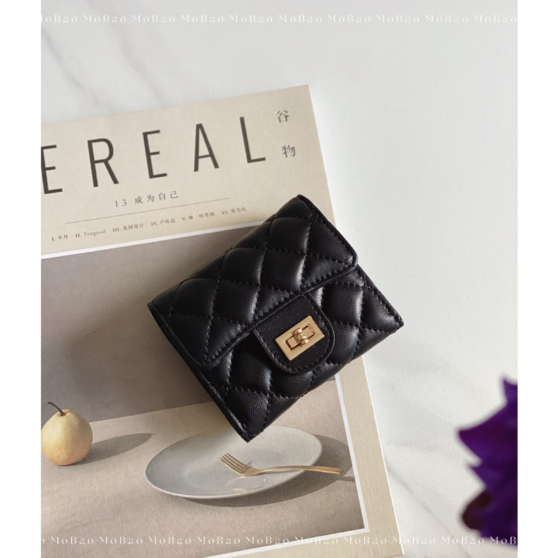 Mole Bag Full Sheepskin Flap Square Buckle Triple Fold Short Three-Dimensional Rhomboid Wallet Women's Cross Mole Bag Full Sheepskin Flap Square Buckle Triple Fold Short Three-Dimensional Rhomboid Wallet Women's Cross