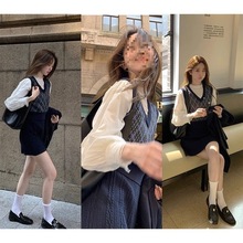 大码英伦学院风套装女领菱格马甲+白色衬衫+高腰半身裙三件套女