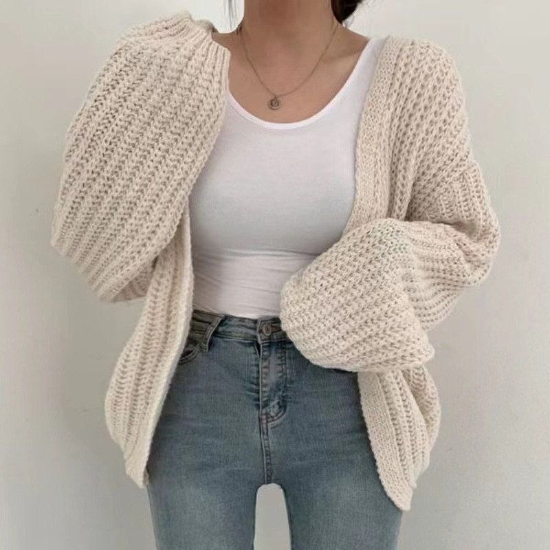 厚手の厚手のニットセーター、女性の秋冬コート、女性のランタンスリーブニットカーディガン、無地、多用途、怠惰なスタイル、外国貿易スタイル|undefined