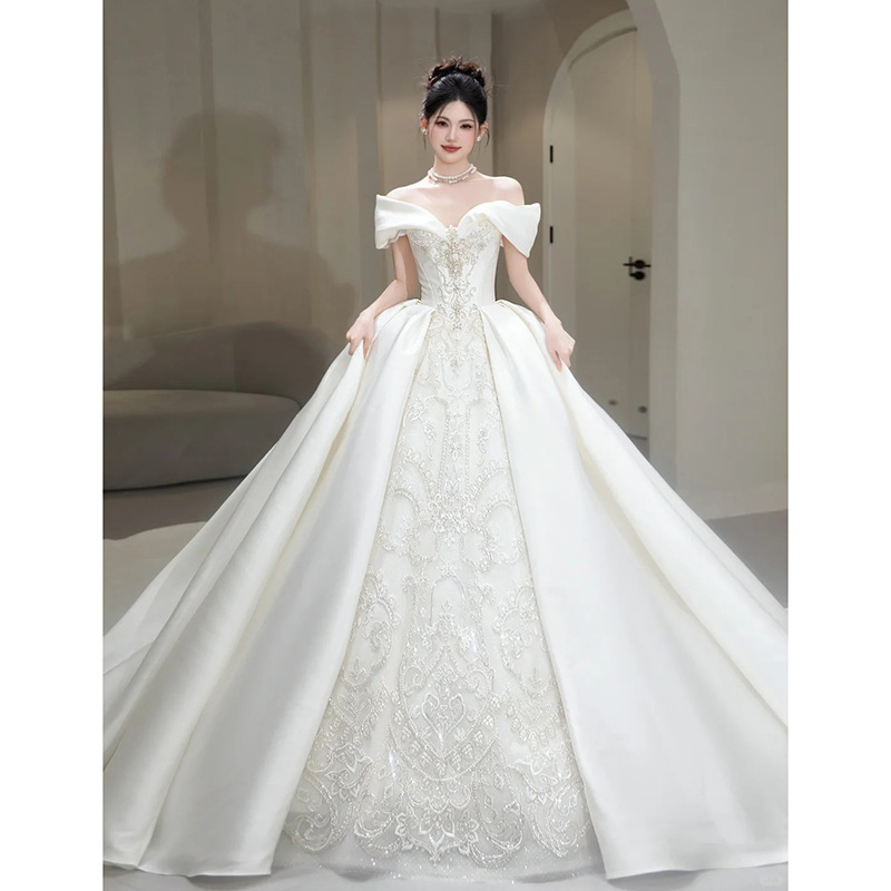 Off-Shoulder Satin Main Wedding Dress for Brides 2025 New French Style Heavy Craftsmanship High-Quality Texture Maternity Light Luxury with Train