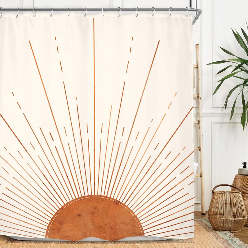 Rust Sun Abstract Shower Curtain Set Casual Medieval Retro Sunrise Polyester Waterproof Bathroom Curtain with Hooks
