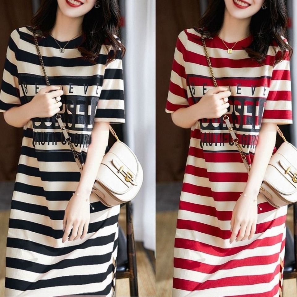 Summer Foreign Trade Women's Striped Printed T-Shirt Dress, Mid-Length Short-Sleeve Dress with Slit, Base Shirt Top for Women