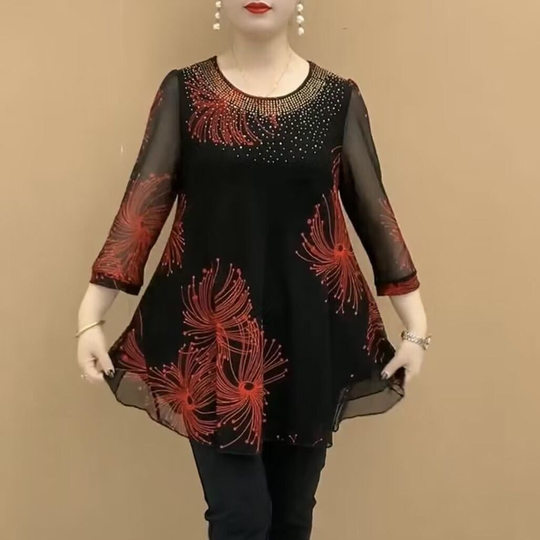 Mother's Summer Dress plus size Round Neck Loose Small Shirt High Elastic Mesh Print New Elegant Slim Look Long T-Shirt