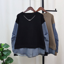 秋冬新款2024牛仔拼接针织衫上衣女设计感宽松休闲假两件毛衣套头