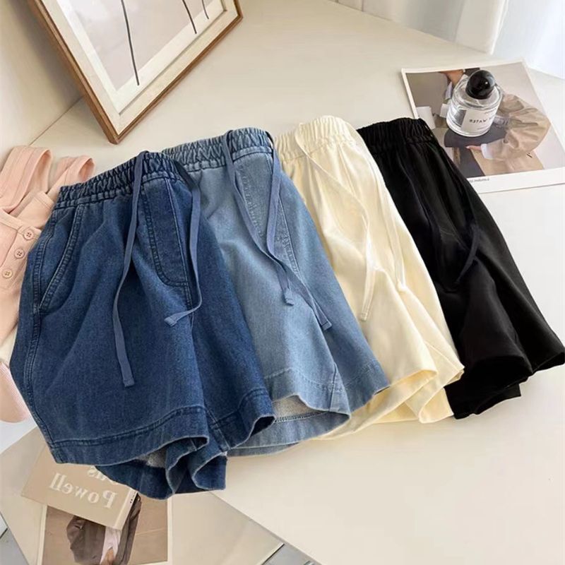 Washed Cotton Denim Shorts Women's Summer Drawstring Elasticity High Waist A- Line Slimming Loose Sports Casual Wide-Leg Hot Pants