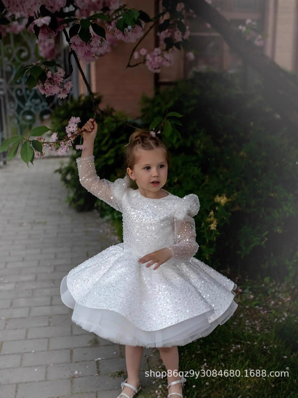 First Communion Dress, Long-Sleeved Tulle Sequin Dress, Flower Girl Dress, Annual Meeting Christmas Ball Evening Dress