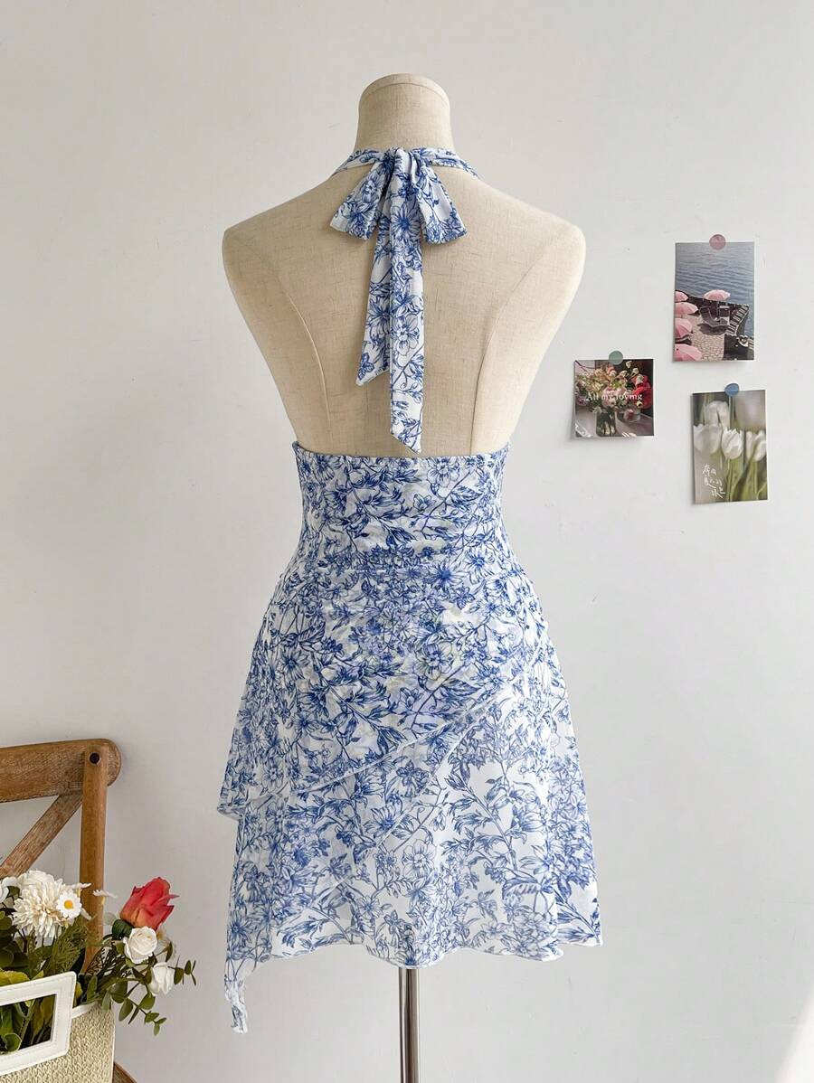 Blue Floral Mesh Dress Fashionable Elegant Casual Slim-Fitting Women's Clothing/Dress_ecoleips.com