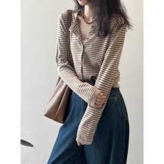 温柔韩系撞色条纹针织开衫女2025早秋软糯长袖打底衫圆领短款外套