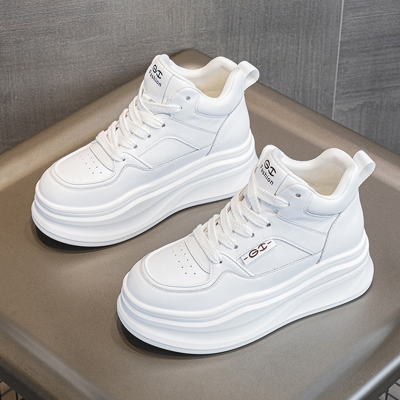 小白鞋女厚底松糕增高鞋2024秋季新款真皮百搭基础款高帮休闲鞋