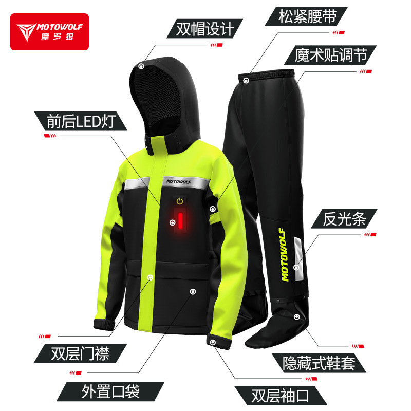 Motocicleta, impermeable dividido, conducción al aire libre, impermeable reflectante con luz de advertencia, cubierta de zapatos oculta, impermeable de caballero